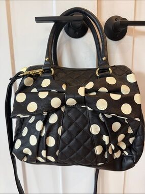 Betsey Johnson Women's Black Polka Dot Bow Satchel purse bag designer gold